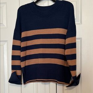 Navy and Tan Striped Women's Crew Neck Sweater